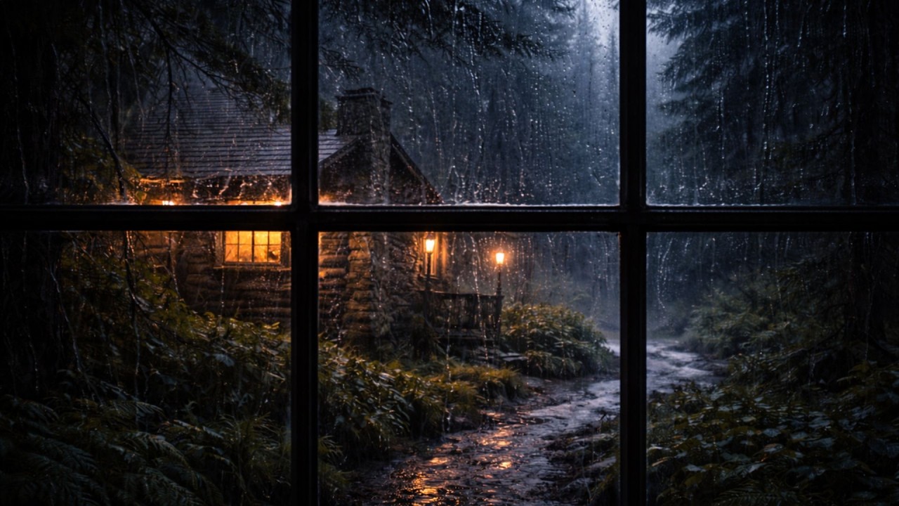 Rainy Night Window View 🌧 Cozy Cabin Ambience for Deep Sleep & Relaxation
