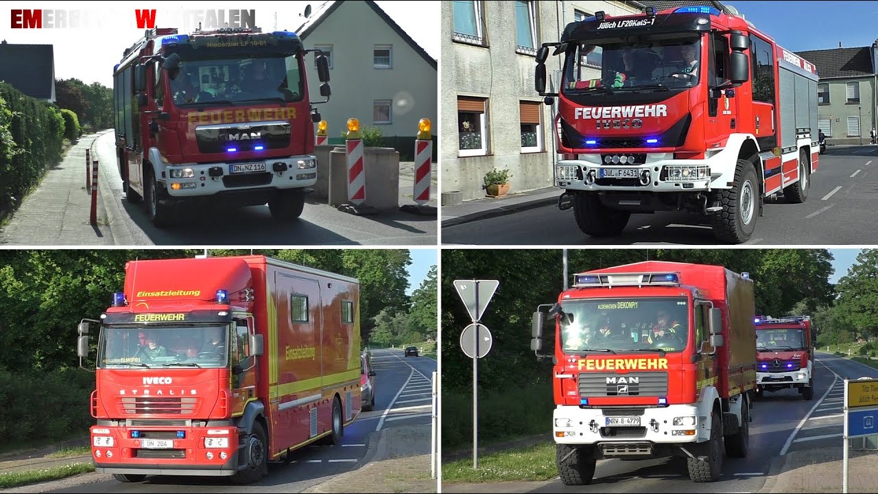 [Dekon-Einsatz nach Hallenbrand] - Einsatzfahrten zu Gro&szlig;brand in Linnich