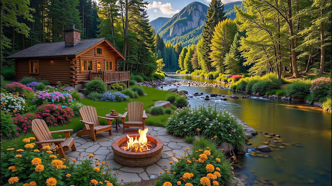 Calming Piano Music with Spring Forest Riverside 🌿🔥 Crackling Fire pit & Nature Sounds Ambience