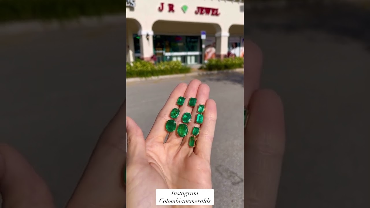 Dark vivid green natural emerald oval and emerald cut statement large size stud earrings 18K gold
