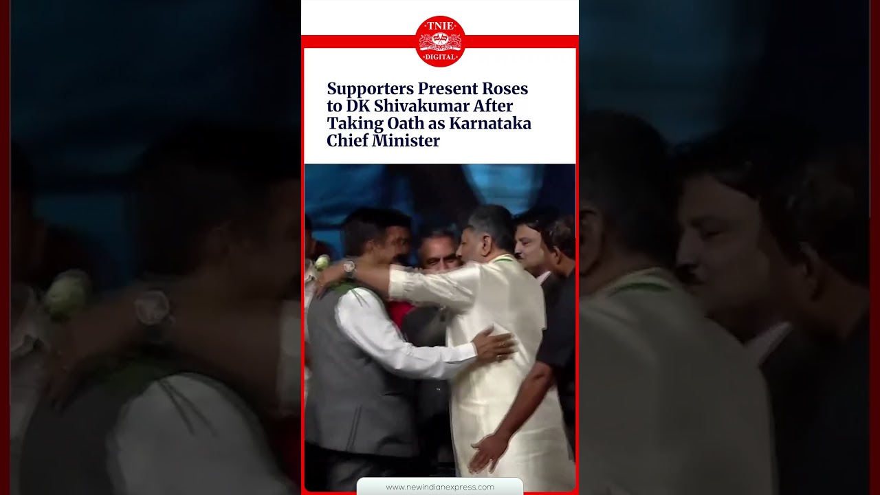 DK Shivakumar receives roses from supporters after taking oath as Karnataka CM