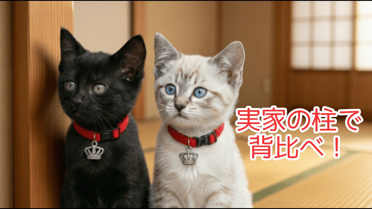 実家で18歳猫と柱のキズで背比べ