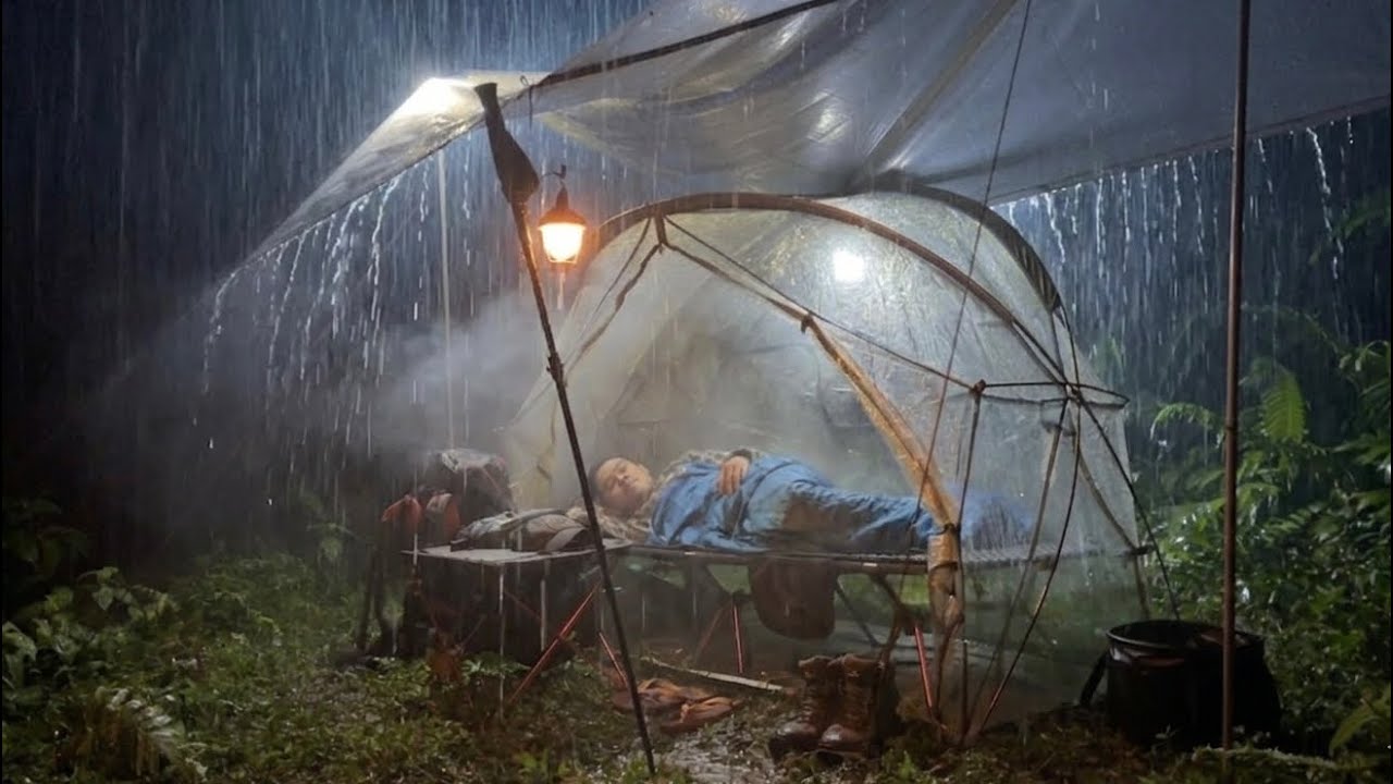 Solo Camping in Heavy Rain Using a Transparent Tent || Long Heavy Rain in Plastic Tent