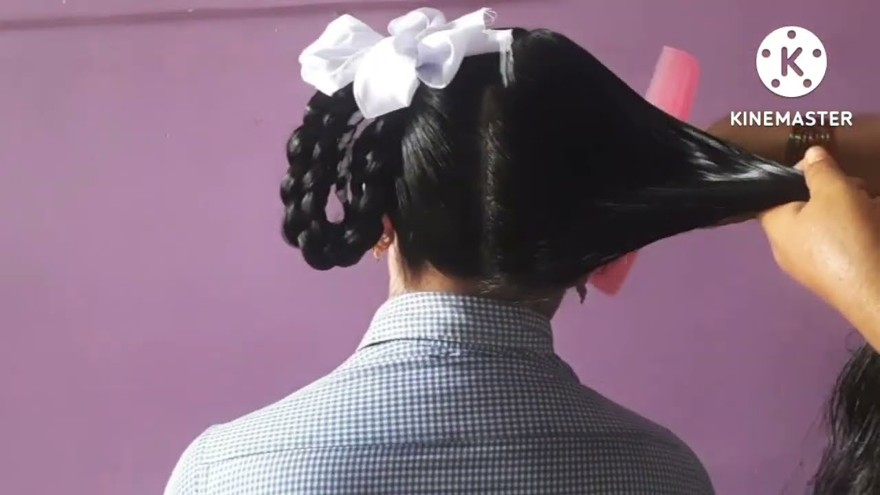 3 hairstyles for school children with ribbons for oiled hair/double folded hairstyles for oiledhair.