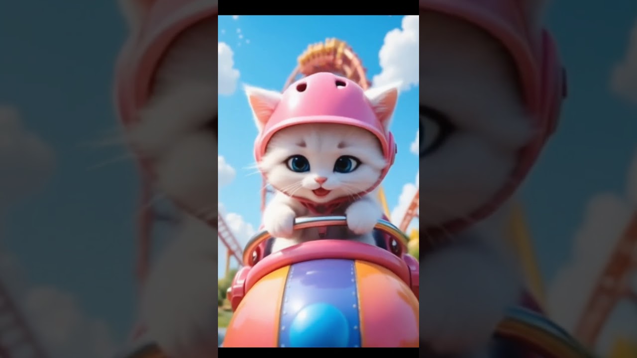 Thrill-Seeking White Kitten Rides Roller Coaster in Pink Helmet | Cute 3D Cartoon Adventure