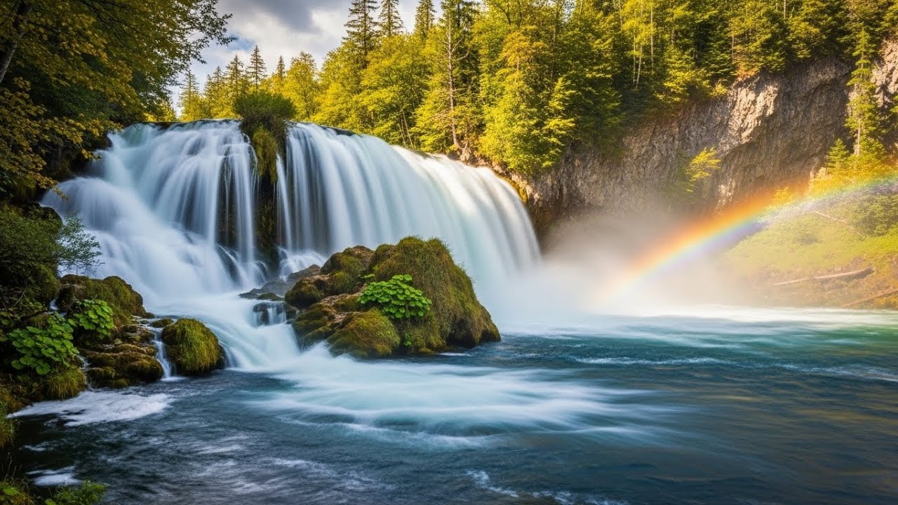 Beautiful waterfall with rainbow and flowing water