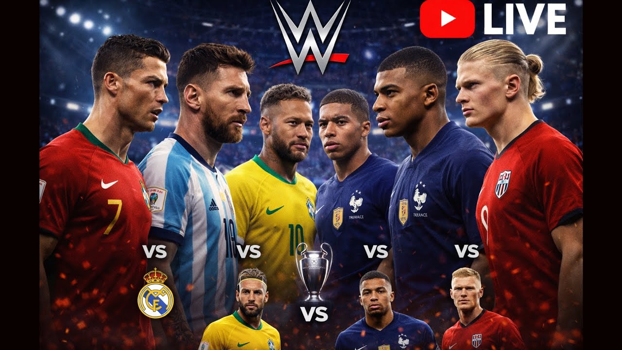 WWE Match: Ronaldo vs Messi vs Neymar vs Mbappé vs Haaland | Realistic Gameplay