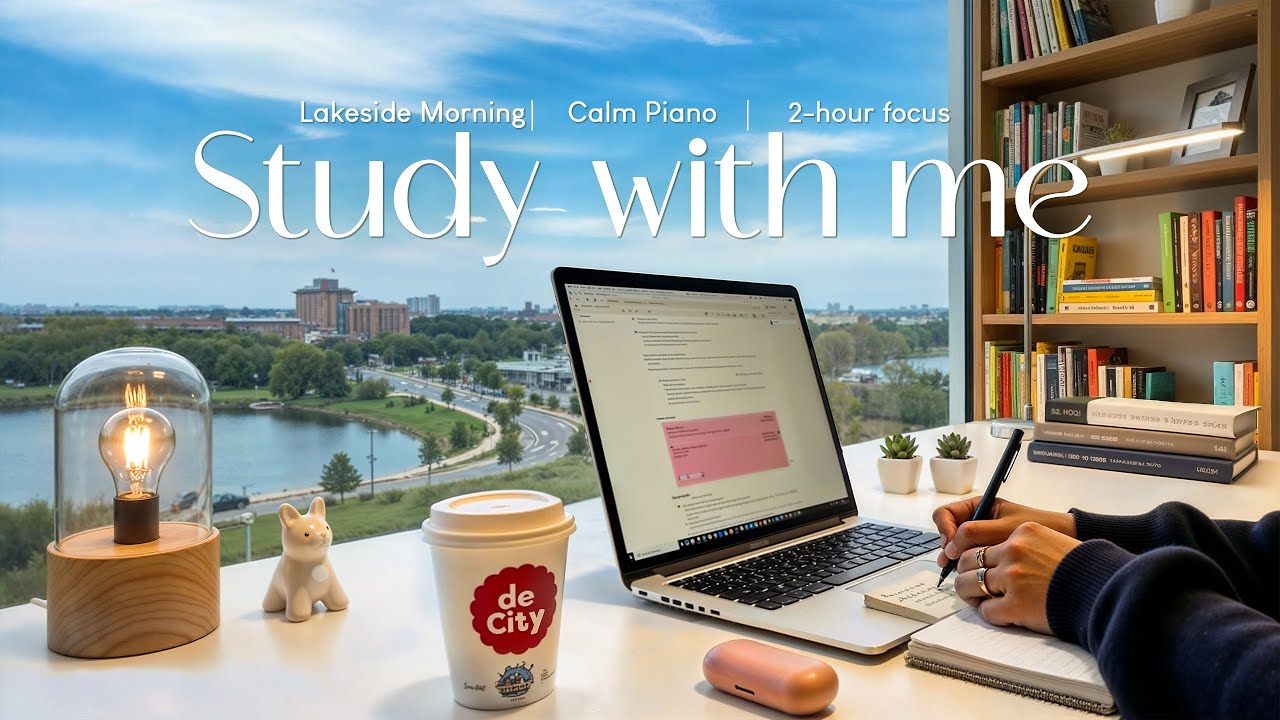 2-HOUR STUDY WITH ME 📖 Lakeside Morning 🌊 Calm Piano & Nature Ambience 🍃 Pomodoro 25/5