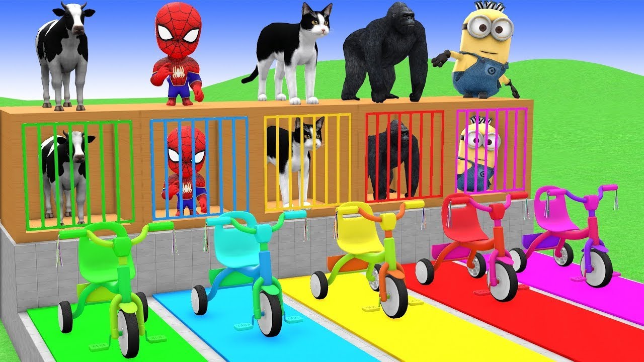 Long Slide Game With Cow Elephant Gorilla Hippopotamus Tiger - 3d Animal Game - Funny 3d Animals