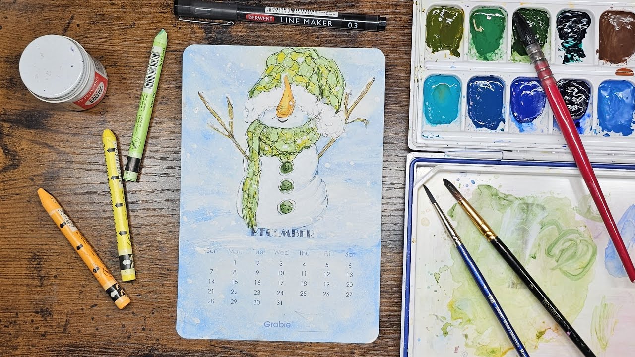 Grabie December 2025 Monthly Calendar, Painting a Cute SNOWMAN in Mixed Media