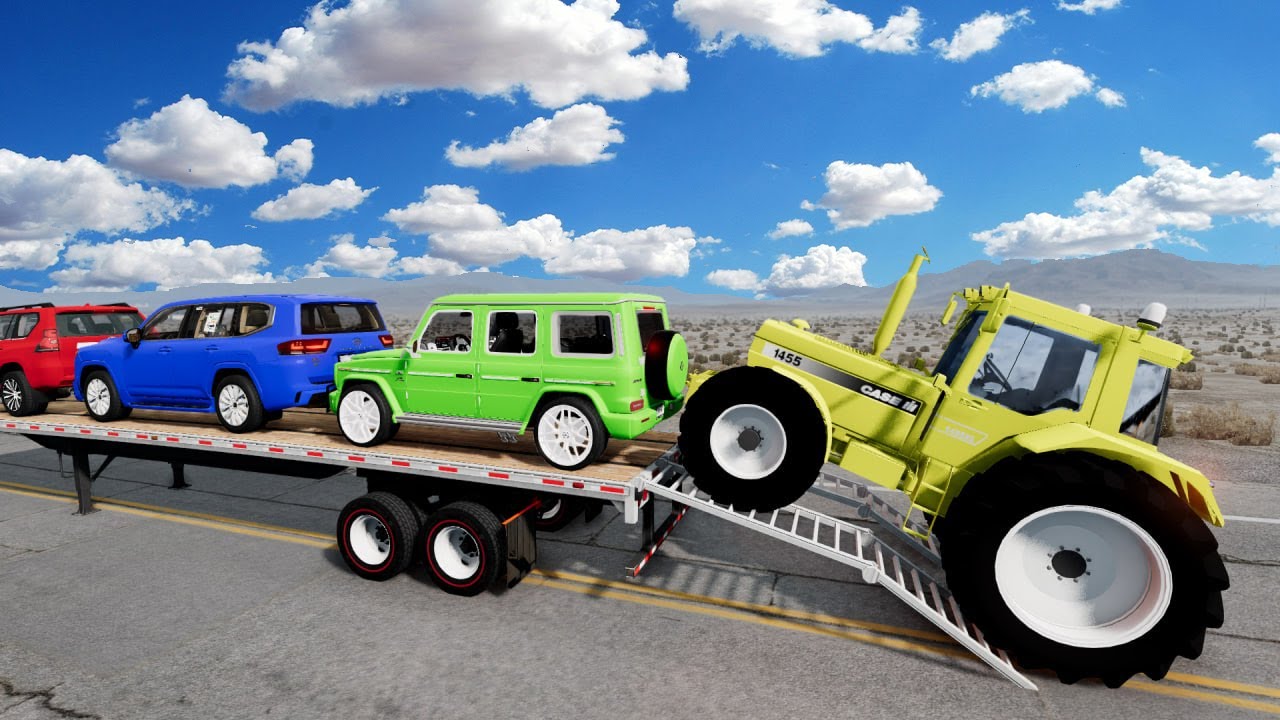 TRANSPORTING PIXAR CARS & FRUITS WITH COLORED & JOHN DEERE vs CLAAS vs TRACTORS - BeamNG.drive #983