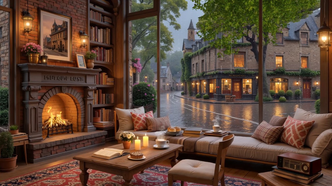 Old European City Rain & Smooth Tranquil Jazz ☕ Cozy Fireplace Sounds For Focus & Deep Work