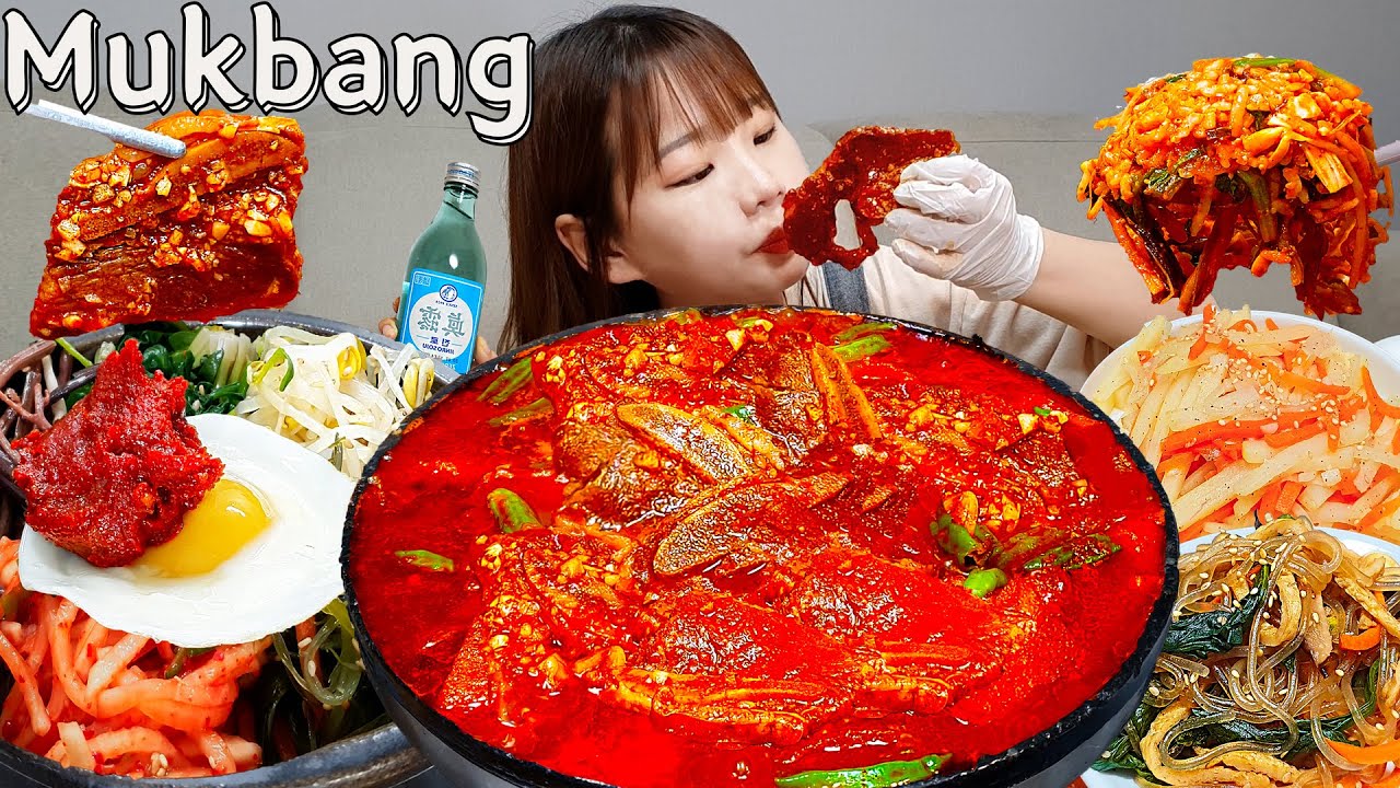 Sub)Real Mukbang- Острые тушеные короткие ребрышки 🔥 Пибимбап в горшочке с горячими камнями 🥘 ASMR