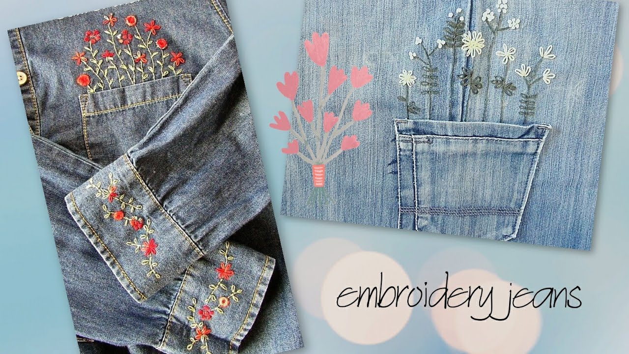تطريز على الجينز ، رسمات بسيطة في جيب جينز 🌸