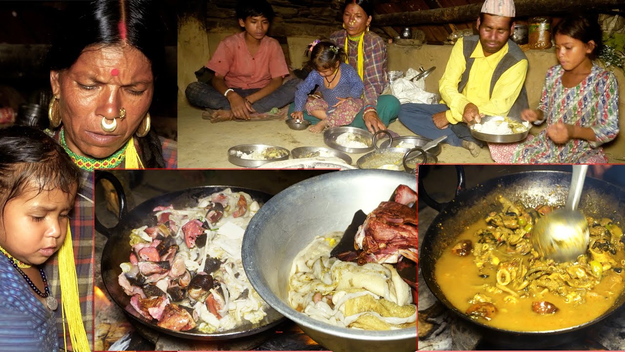 dharme family preparing goat intestine curry and eating all family members together || rural Nepal