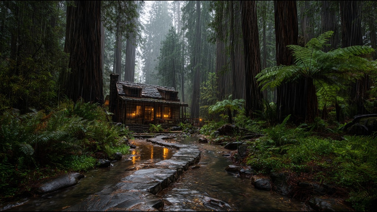 🔴 LIVE: 12H Rain in Ancient Redwood Sanctuary | Forest Cabin ASMR for Deep Sleep & Study