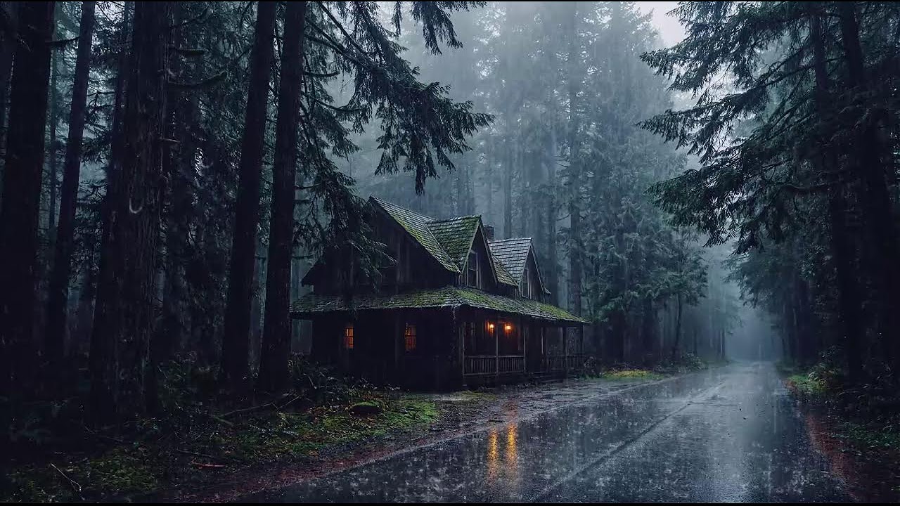 Gentle Rain with Soft Thunder at a Cozy Woodland Cabin for Deep Sleep