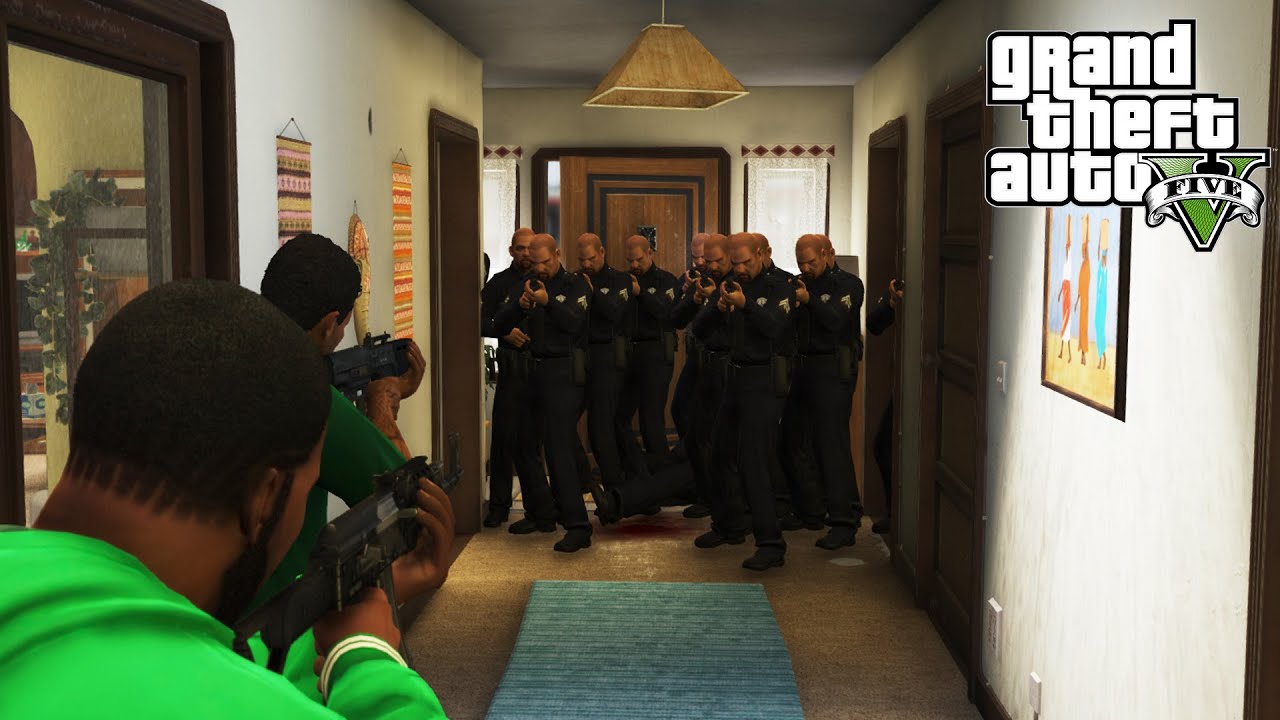 GTA 5 - Franklin and Lamar FIVE STAR Cop Battle in FRANKLIN'S OLD HOUSE!(Mini Rampage)