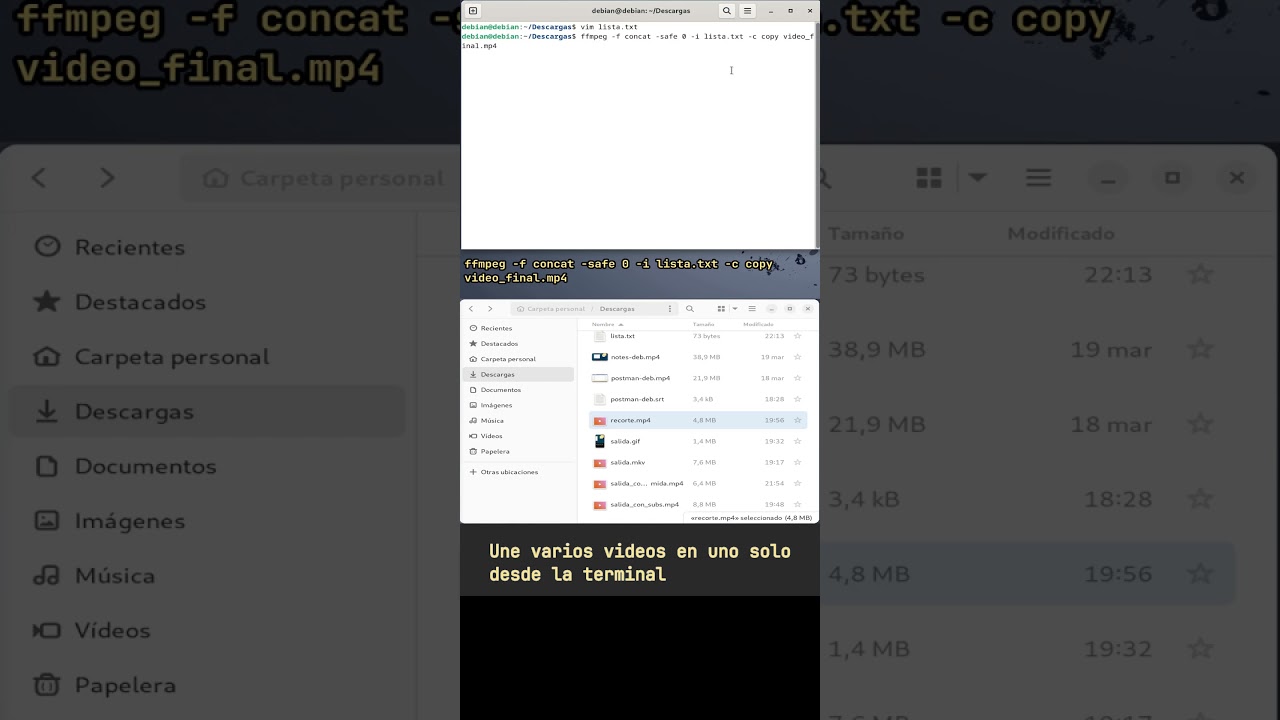 Une varios videos en uno solo desde la terminal #gnulinux #debian12 #ffmpeg