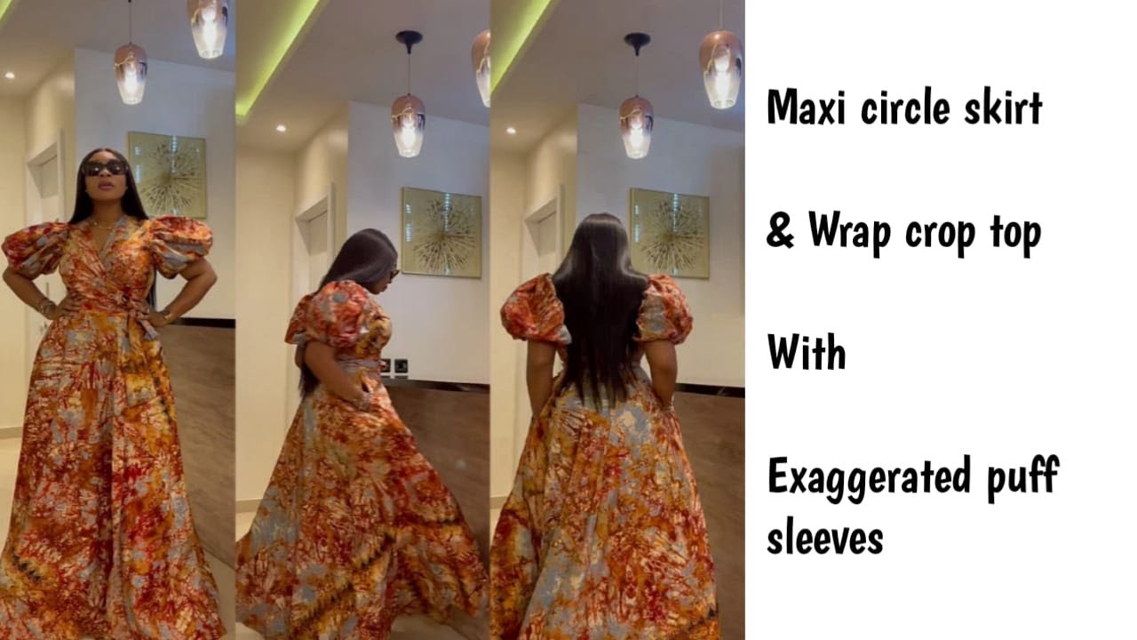 MAXI CIRCLE SKIRT AND WRAP CROP TOP WITH EXAGGERATED PUFF SLEEVE SET