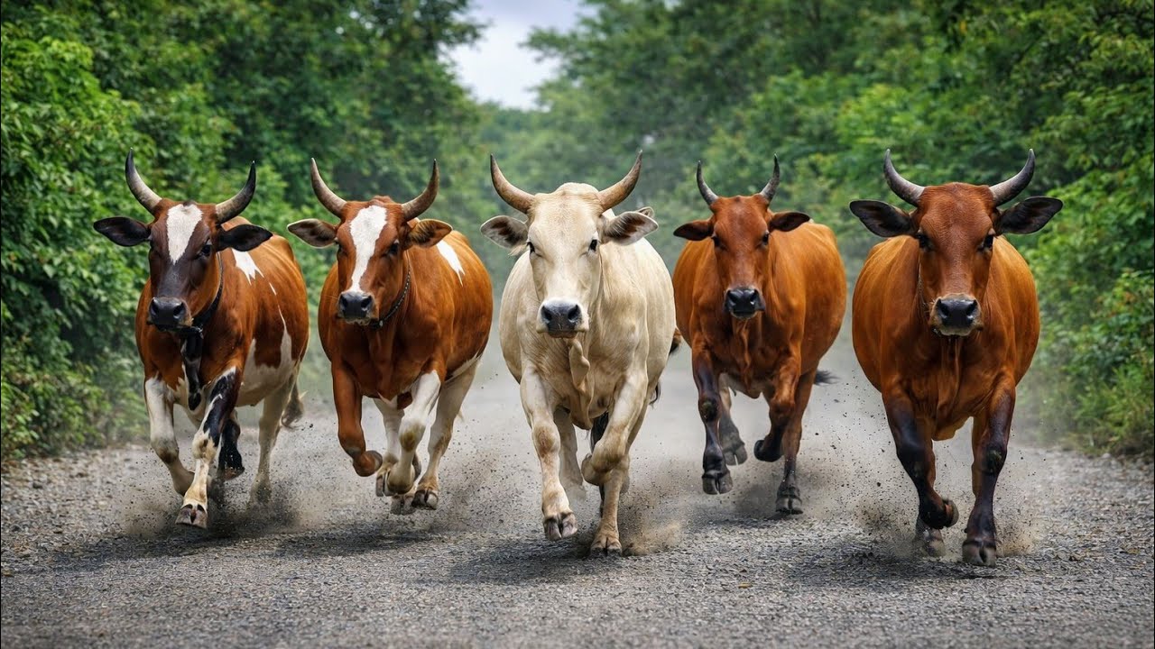 Video accompanying a herd of cows running happily towards Padang, morning activities 🐄🌿