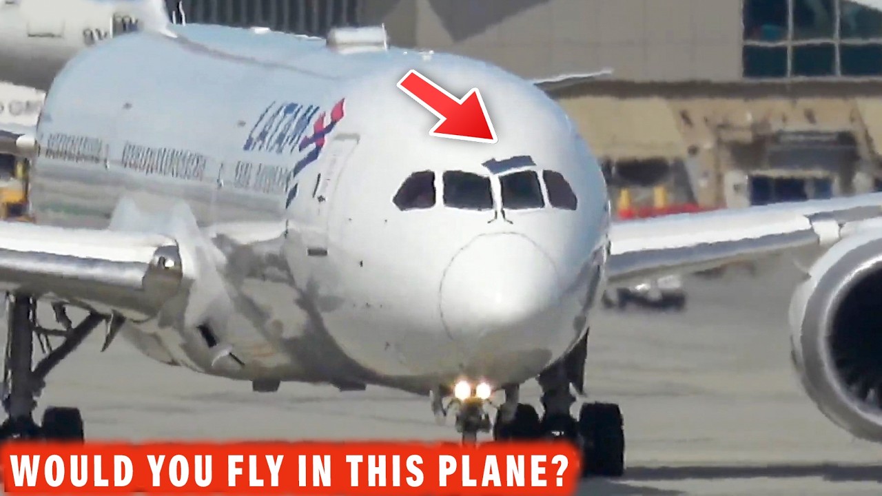 LATAM 787-9 PLANE DEPARTS WITH HUGE SPEED TAPE PATCH ABOVE THE COCKPIT!