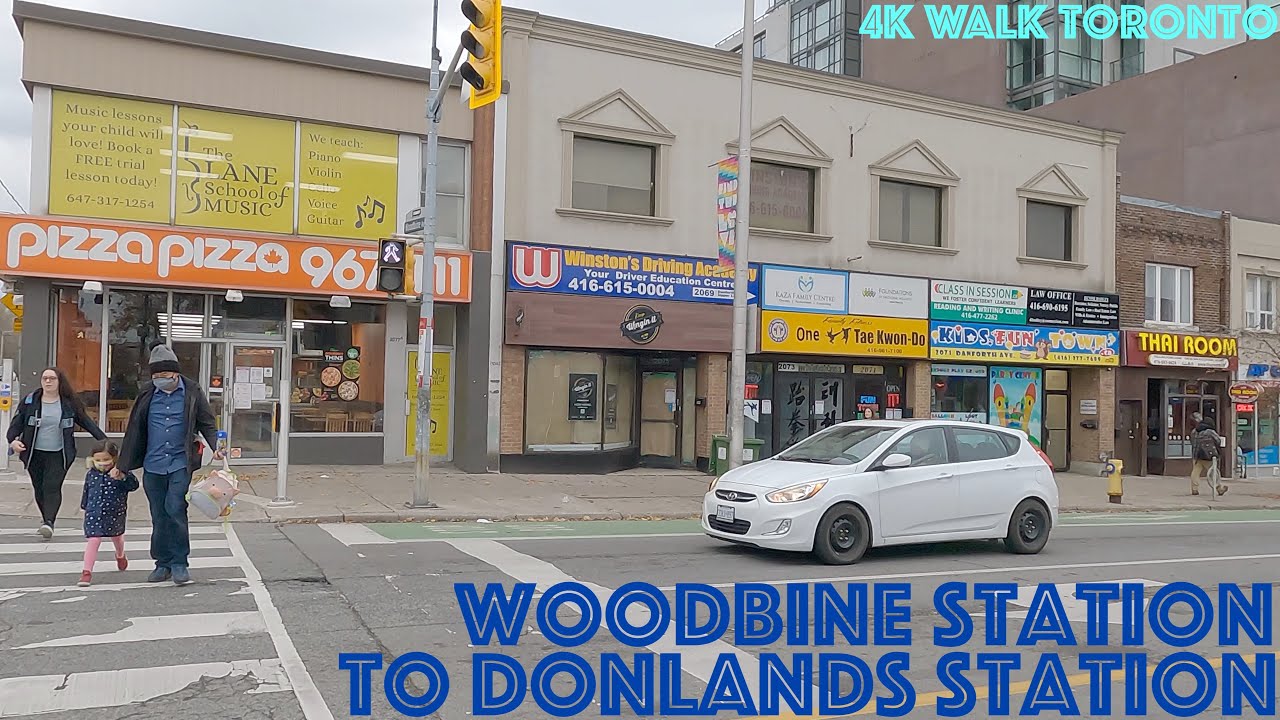TTC Subway Woodbine Station to Donlands Station on Danforth Ave (Rainy Day): 4K Walk Toronto, Canada