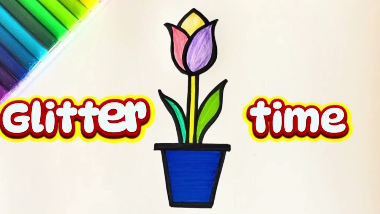 දිලිසෙන tulip 🌷 මලක් අඳිමු -glitter art- tulip flower drawing for kids-Sinhala-glitter drawing 