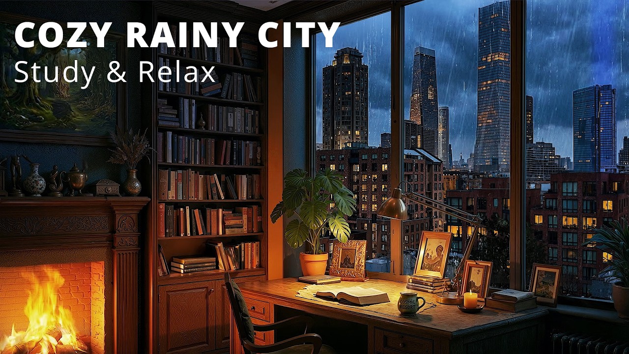 Cozy Rainy City Study Room 🌧️ Fireplace Ambience for Focus & Relaxation