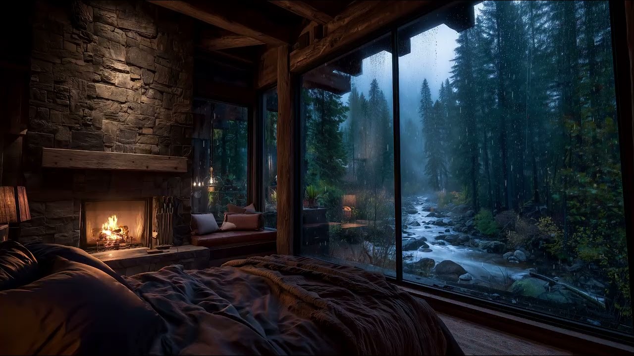 Wooded Cabin Rainfall Soft Thunder Ambience 🌧️ Cozy Cabin Bedroom: Forest, Fireplace | 8 Hours