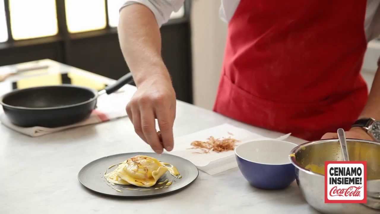 Tortelli di ricotta di pecora su zabaione caldo  pancetta croccante.