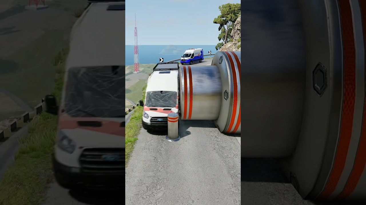 Cars & School Bus vs Giant Pit Bollards CrashBeamNG.Drive #beamngdrive #crash #shorts #trending #uk
