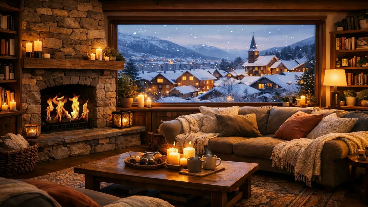 Cozy Cabin Fireplace, Christmas Jazz, Snowy Nordic Town, 4 hours