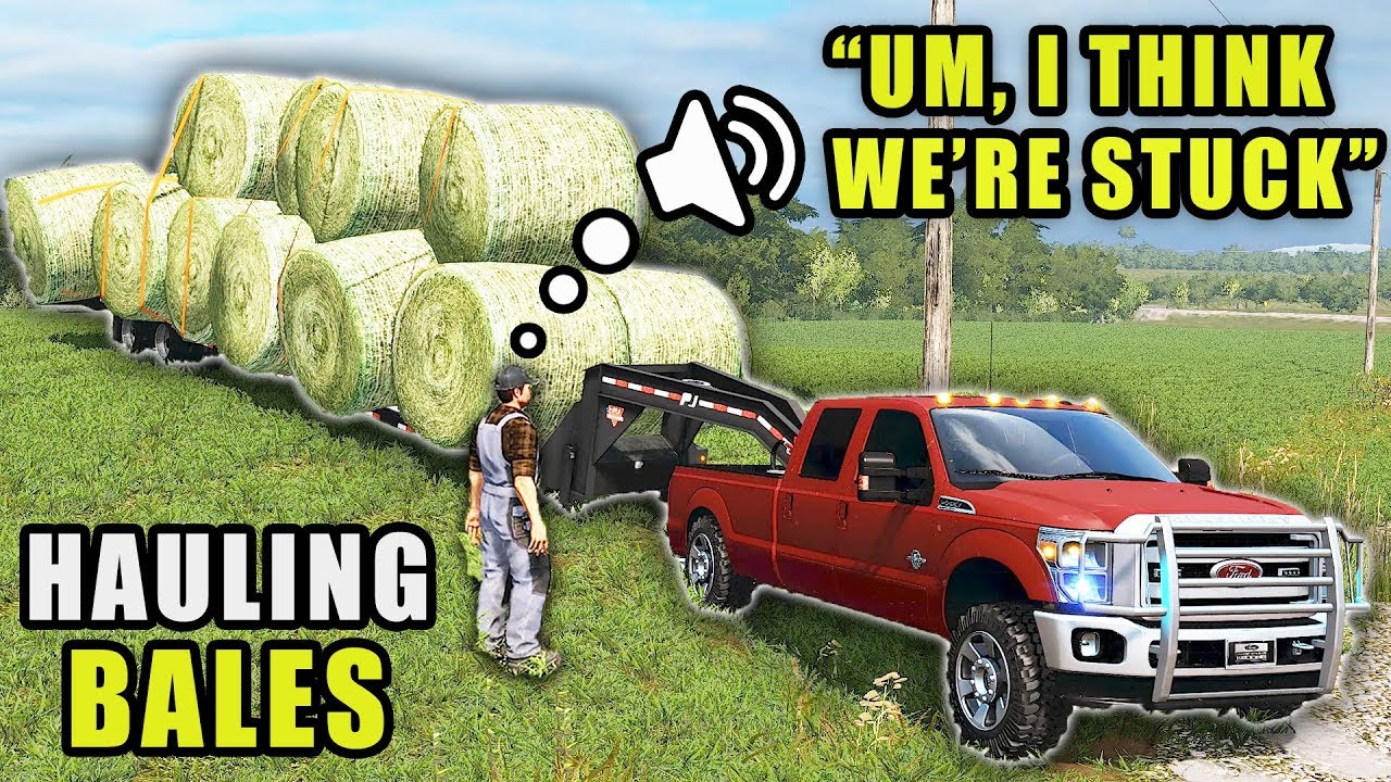 WE ALMOST GOT STUCK! F-350 HAULING BIG BALES OUT OF THE HAY FIELD | FARMING SIMULATOR 2017