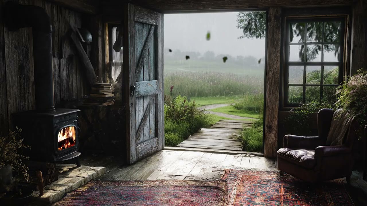 Rainy Countryside Night 🌧️ Cozy Cabin & Crackling Fire for Sleep