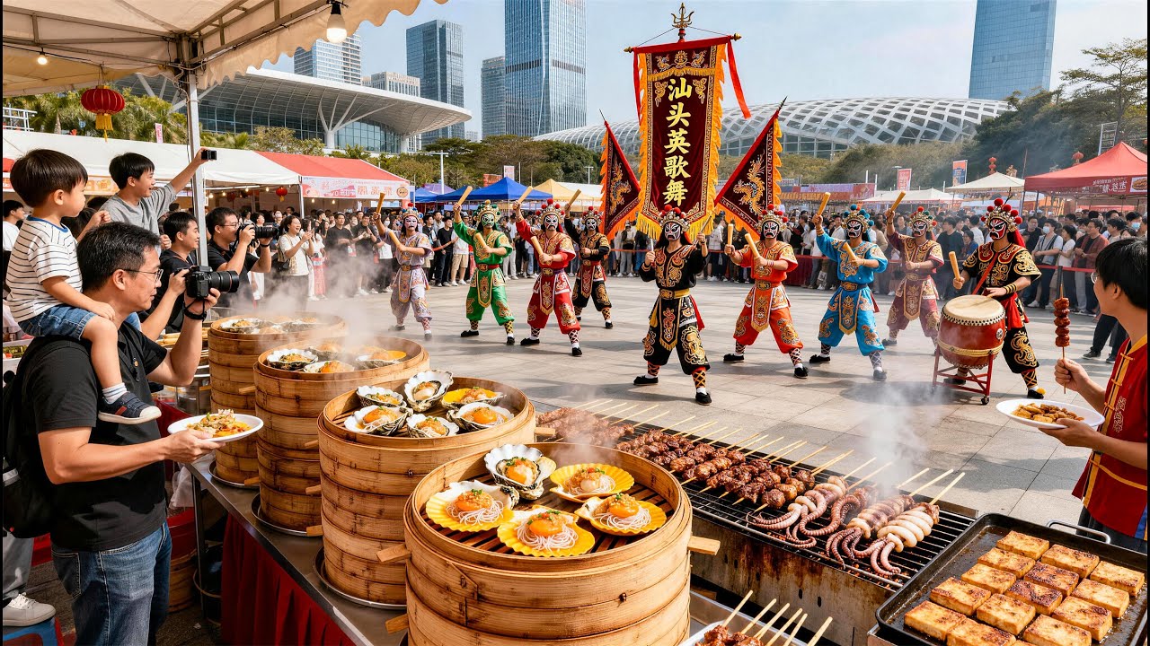 中國深圳2026跨年美食文化狂歡節，熱血英歌舞震撼全場！美食集市人山人海匯聚全國特色美食小吃，真是熱鬧非凡！