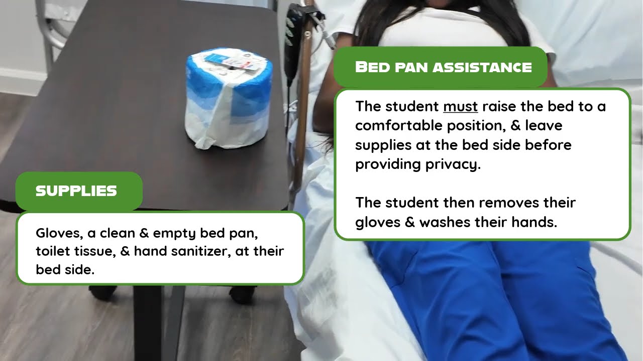 CNA student simulating Bed Pan support | SkillsUp Healthcare Institute | Skills demo