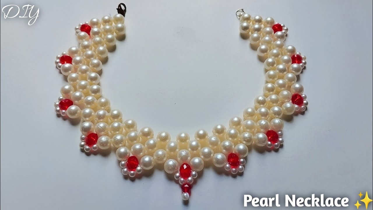 DIY Elegant Pearl & Crystal Necklace in Just 2 Steps!✨(Easy Tutorial) Pearl Necklace Making At home 