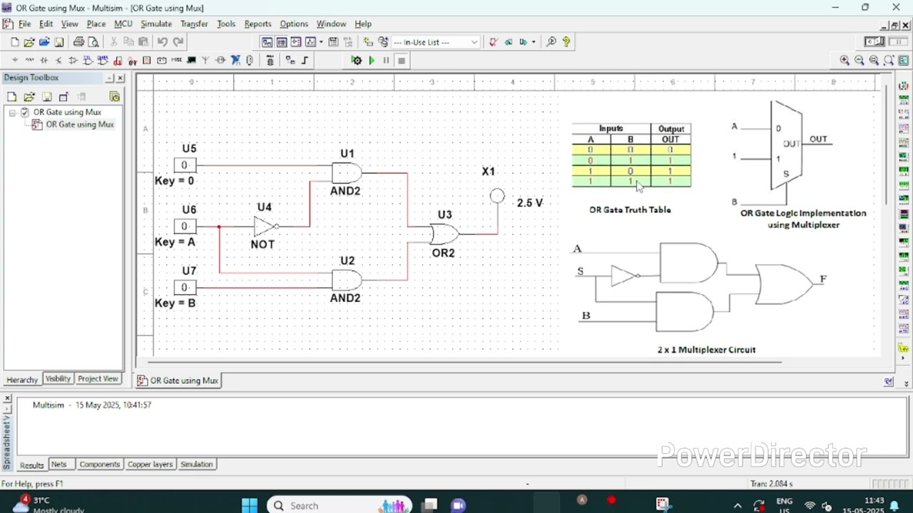 16. Designing OR Gate using 2x1 Multiplexer in Multisim.
