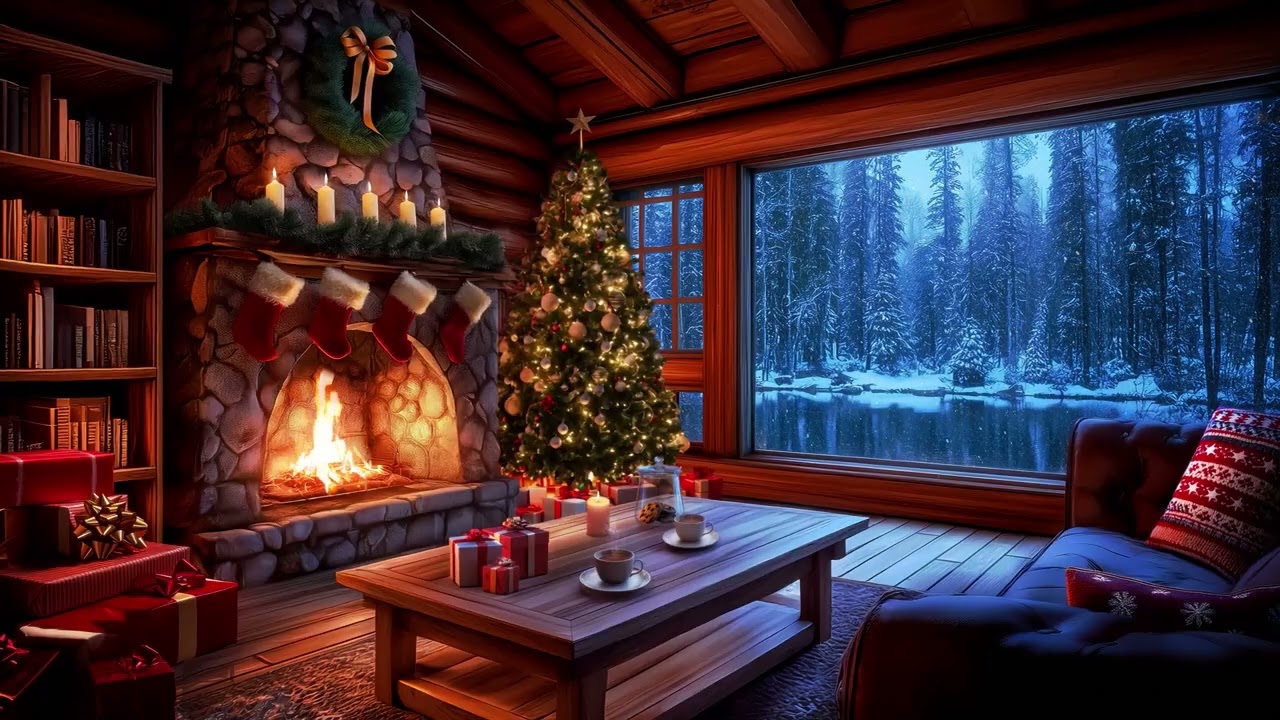 Warm Winter Cabin | Christmas Tree, Fireplace Crackle & Gentle Holiday Jazz (3 Hours) ☕✨