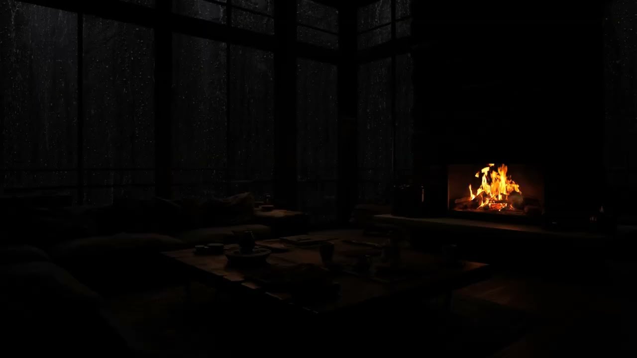 Night Forest Ambience🌲😪Rain Tin Roof+Calm Thunder🔥Firep Sounds for SLEEP, REST & RELAX - Dark screen
