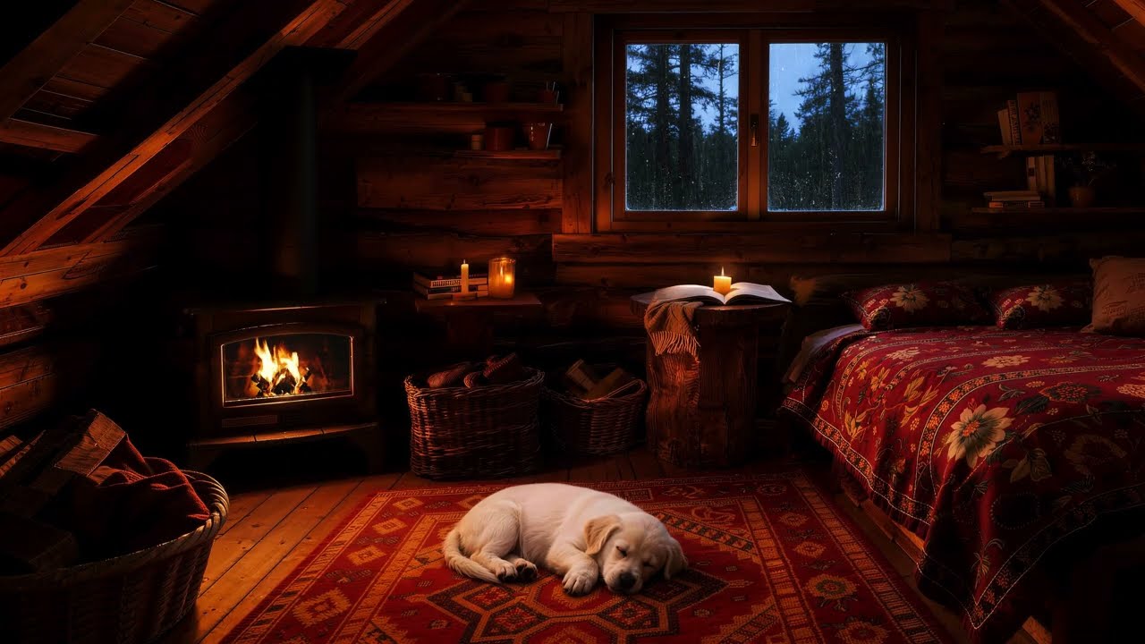 Cozy Warm Cabin Fireplace & Calm Piano | Steady Rain for Sleep, Study and Relaxation, Meditation