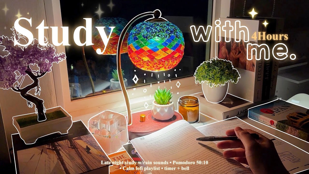 4-HOUR✨Late Night Study With Me • Rain sounds🌧️ + Lofi bgm • Pomodoro 50-10 • Day208☔