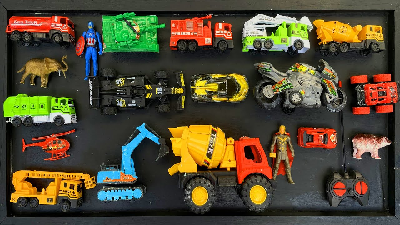 Menemukan mobil damkar, truk molen, exavator, mobil monster, hewan, mobil balap, motor balap