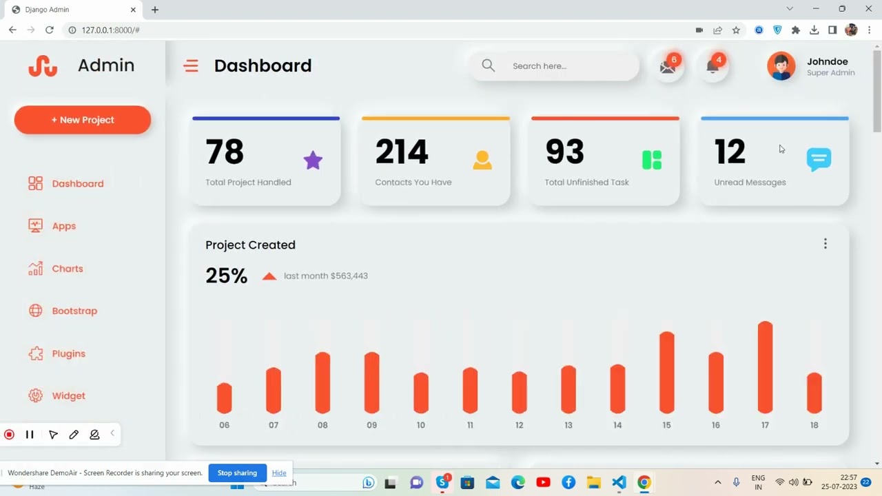 Create Animated Responsive Admin Dashboard Template using Django, Html, CSS and Charts