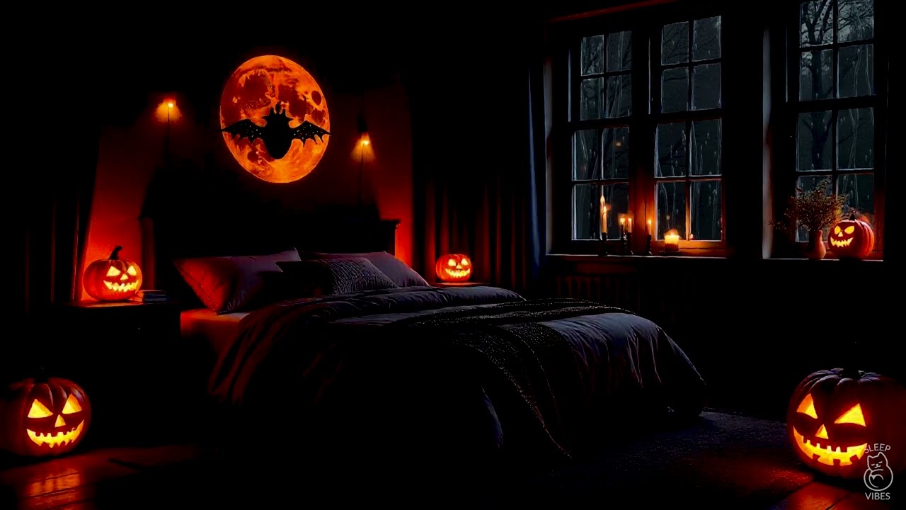 Sleep with Halloween Rain | 8 Hours of Fall Rain Sounds in a Spooky & Cozy Bedroom | No Ads