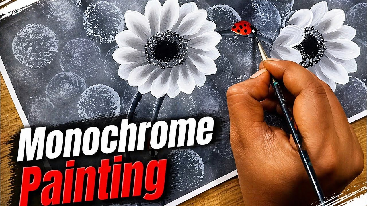 Monochrome one stroke flower painting | ladybug on flower painting in acrylic by Vanishree Art