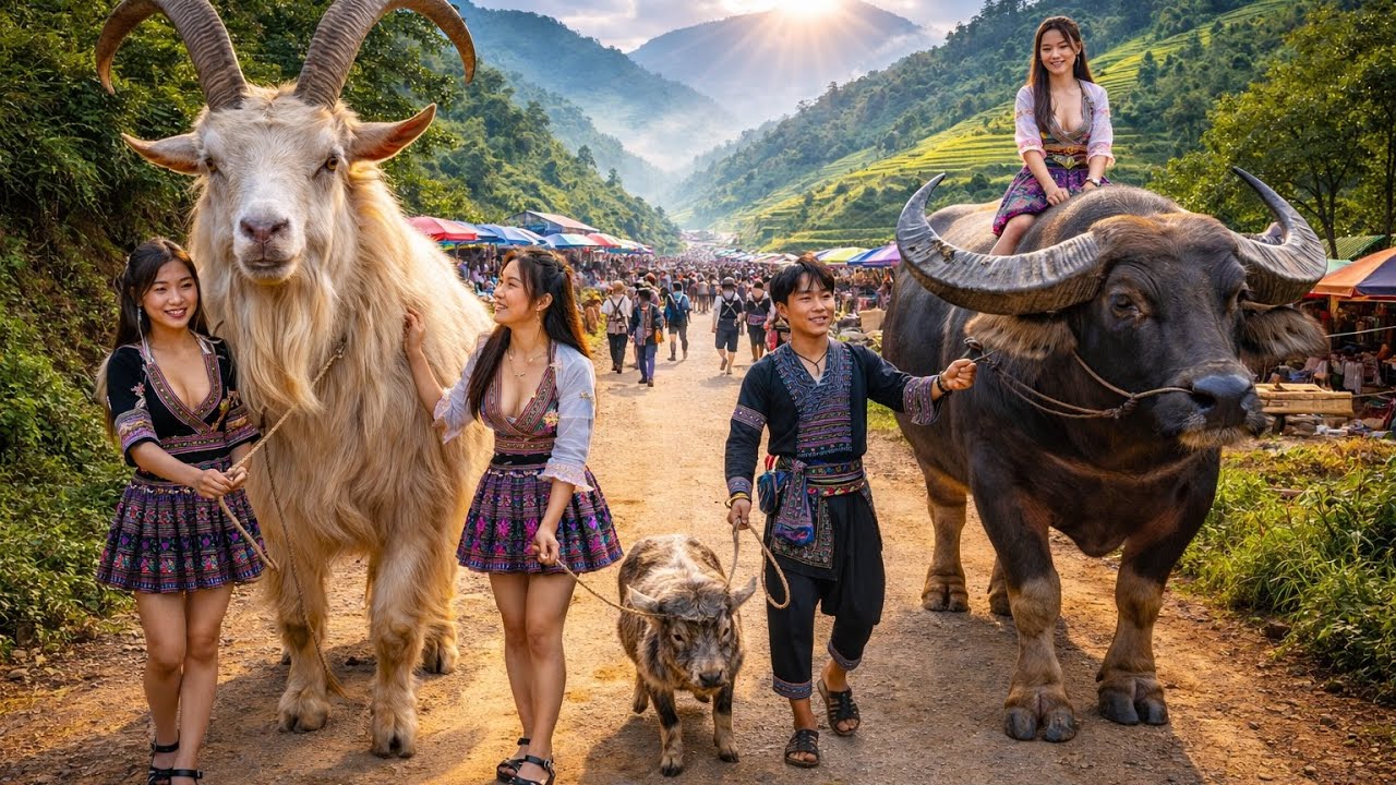 Chợ gia súc hoang sơ bán dê núi,lợn đen, lợn mán, trâu bản địa lớn nhất khu vực Tây Bắc .