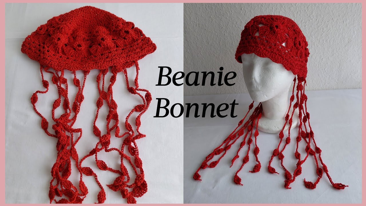 CROCHET BEANIE BONNET WITH FLOWERS | RED FLOWERS