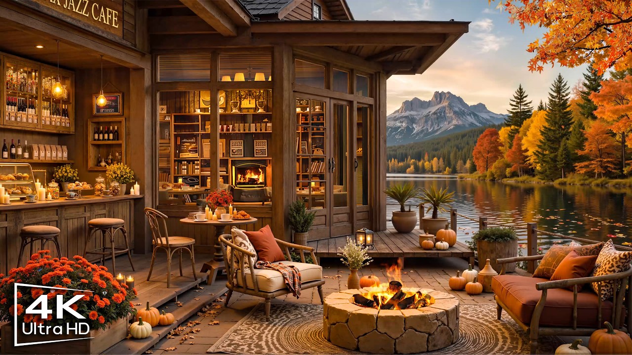 Cozy Autumn Porch Ambience 🍂 Relaxing Jazz Instrumental Music & Crackling Fireplace for Work, Study